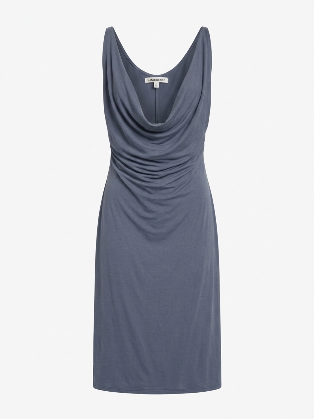 Reformation slate blue ribbed knit midi dress with draped cowl neckline, straple